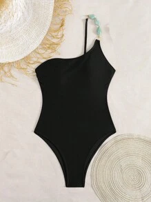 Swim Chiccia 女士夏季海滩音乐节单肩闪亮尼龙棕色串珠优雅度假风格连体衣 - 黑色 - 查看 7