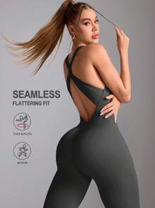 Dewbera 女士交叉带运动连体裤，高弹力紧身 - 深灰色 - 查看 5