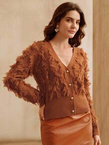 Anewsta Fashionable Fringe V-Neck Long Sleeve Knit Cardigan,Loose Flattering Design,Rust Brown,Autumn,Chic,Tea Party,Suitable For Fall,Winter,New Year,Elegant - Brown - View 3