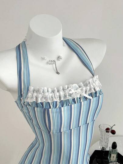 Elamini Striped Contrast Color Drawstring Ruffle Tie Neck Pleated Bodycon Tank Top