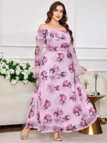 Modelyn 大码女式荷叶边露肩喇叭袖紧身花卉印花优雅浪漫度假长裙 - 彩色 - 查看 4