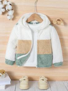 SHEIN 男宝宝/女宝宝休闲可爱撞色蓬松连帽长袖夹克，秋冬 - 彩色 - 查看 10