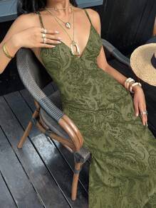 SHEIN Unity 佩斯利印花 V 领露背系带纽扣设计长裙 - 綠色 - 查看 6