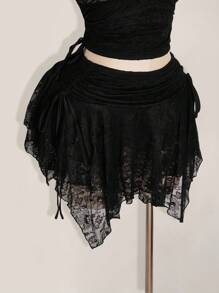 SHEIN ICON Váy ren lưới chắp vá eo nhún gợi cảm cỡ lớn viền bất đối xứng - màu đen - Xem 3