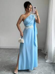 Rafferiza Asymmetric Neck Blue Dress With Floral Lace Trim & Cinched Waistline, Slimming Long Dress