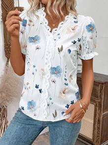 SHEIN LUNE Women's Vacation Leisure Floral Print Contrast Lace Puff Sleeve Shirt,Short Sleeve Tops