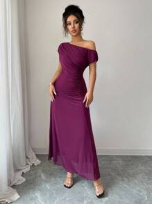 Modelyn Women's Asymmetric Ruched French Elegant Mesh Shoulder Dress - Purple - View 6