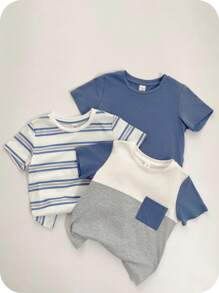 SHEIN 3 件装年轻男孩蓝色条纹拼色休闲 T 恤，适合度假、上学、居家、郊游和旅行，夏季