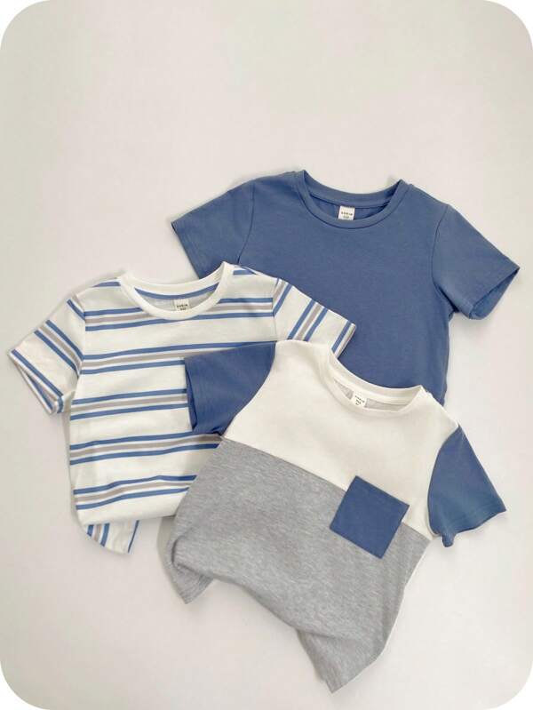 SHEIN 3 piezas Camisetas informales de niños pequeños a rayas azules y bloques de color, adecuadas para vacaciones, escuela, hogar, salidas y viajes, verano