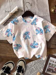 SHEIN Leap Crew 2 件套 Kawaii Naughty Lulu 蝴蝶结兔子，粉色和奶油白色，青少年女孩休闲简约短袖圆领 T 恤，适合夏季、返校季、2000 年代风格、清凉夏日、度假氛围 - 彩色 - 查看 5