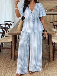 Breezaya 大码格子衬衫和裤子两件套，休闲假日装 - 淺藍色 - 查看 1