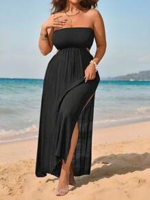 Swim Vcay Plus Size Solid Strapless Slit Cover Up Dress, Beach & Vacation For Summer - Black - View 1