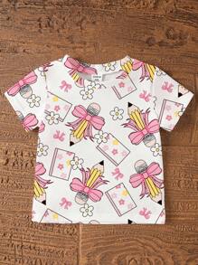 SHEIN Vintaside Kids 女童幼儿铅笔、蝴蝶结、花卉印花圆领短袖 T 恤和粉色针织紧身短裤可爱两件套，夏季返校 - 彩色 - 查看 6