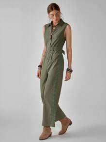 Florisole Jumpsuit Kasual Gaya Boho Warna Polos dengan Patchwork Renda Berongga Tanpa Lengan Kerah Lipat Pinggang Tinggi Kaki Lebar - Hijau - View 3