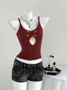 Elamini Women's Solid Color Applique Hollow Out Fitted Fashionable Camisole Sweater Knit Pullover Fall Winter