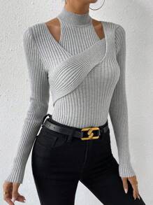 Chiquease 镂空环绕交叉罗纹针织毛衣、长袖上衣