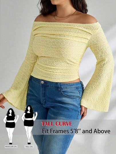 SHEIN Tall CURVE Plus Size Women's Light Yellow Textured Knit Fabric Ruched Off Shoulder Flare Sleeve Fitted Vacation Blouse, Suitable For Autumn And Winter Pale Yellow Top Full Sleeve Tops Tall Curve Women Clothes Off The Shoulder Top Bell Sleeve Top