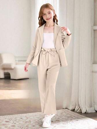 2pcs Spring/Autumn Casual Versatile Girl's Khaki Long Pants And Long Sleeve Jacket Set,Back To School Clothes