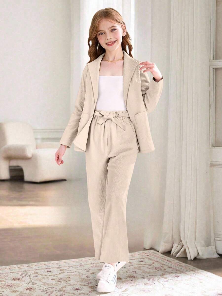 SHEIN 2 件套春秋休闲百搭女童卡其色长裤和长袖夹克套装 - 卡其色 - 查看 1