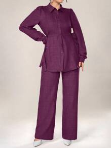 Mulvari Women 2pcs Set Front Button Long Sleeve Casual Blouse And Trousers 2 Pieces Set Modest Fall Cloth For Women - Hot Pink - View 6