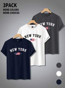 Manfinity Homme 3 Packs Men's Letter & American Flag Print Round Neck Short Sleeve T-Shirt Men New York T-Shirt Usa Graphic Tee - Multicolor - View 1
