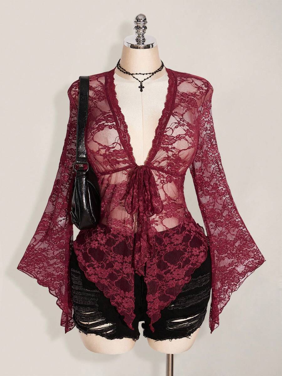 SHEIN ICON 加大码 Y2K 女式西部乡村音乐会波西米亚嬉皮哥特透明勃艮第性感蕾丝扭纹前长袖开衫,适合万圣节 - 酒紅色 - 查看 1