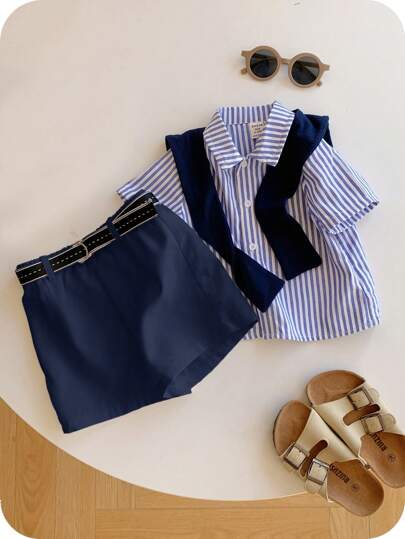 SHEIN 4 件装男婴夏季可爱条纹短袖衬衫、松紧腰短裤、披肩、男士服装（配腰带）适合生日派对、晚会、表演、婚礼、一个月庆典、生日、婴儿洗礼