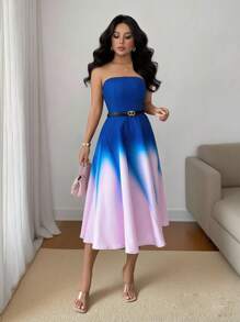 Rafferiza Women's Elegant Ombre Print Empire Waist High Low Peplum Dress - Multicolor - View 2