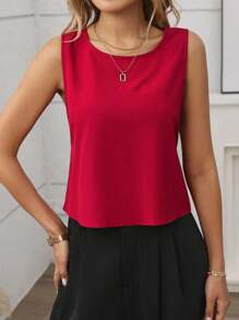 SHEIN Clasi Áo ba lỗ trang trí nơ lưng trơn màu giản dị - Đỏ - Xem 5