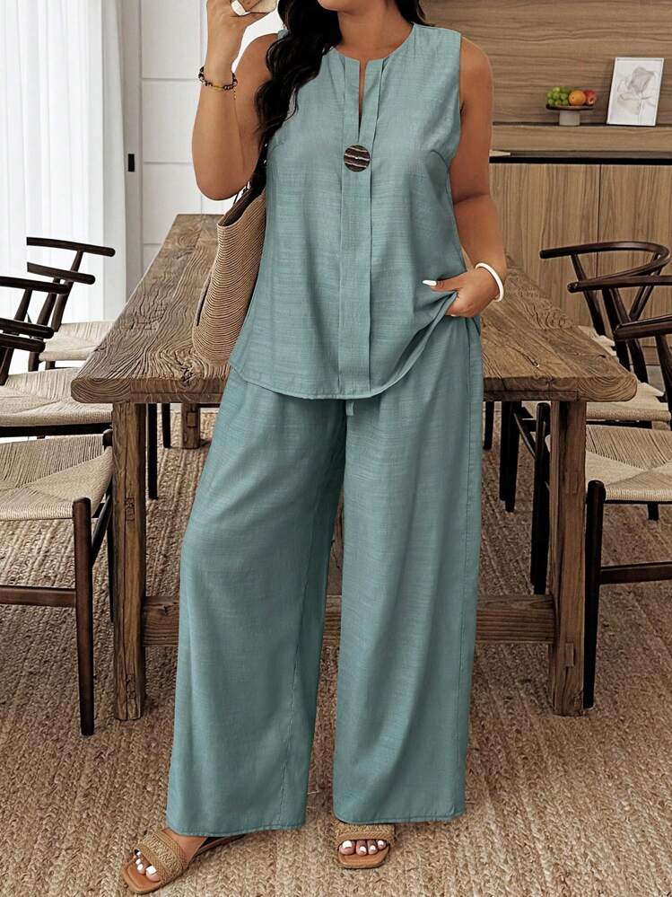 EMERY ROSE Conjunto de 2 peças plus size casual cor sólida gola entalhada sem mangas blusa e calça - Menta verde - Ver 1