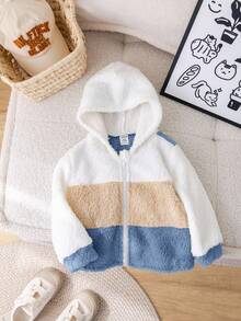 SHEIN Babyboy/Babygirl Casual Cute Colorblock Fluffy Hooded Long Sleeve Jacket, Autumn/Winter Fall - Multicolor - View 11