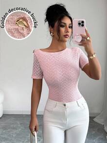 Elenzga Women's Pastel Color Jacquard Lace Asymmetrical Neckline Metal Buckle Decor Short Sleeve T-Shirt - Pink - View 1