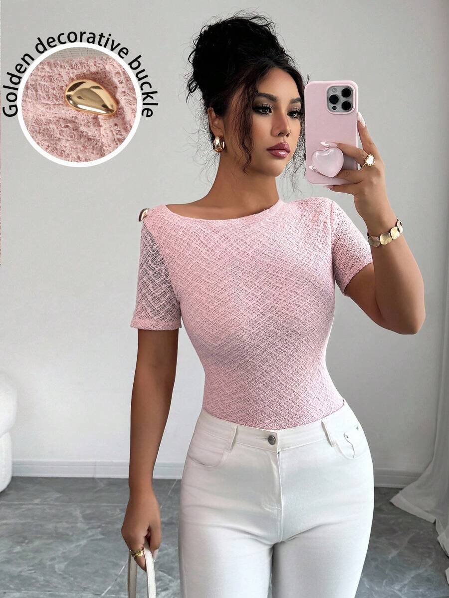 Elenzga Women's Pastel Color Jacquard Lace Asymmetrical Neckline Metal Buckle Decor Short Sleeve T-Shirt - Pink - View 1