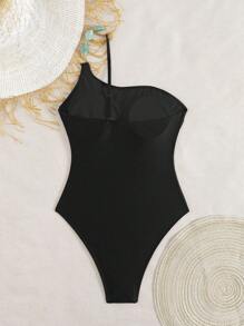 Swim Chiccia 女士夏季海滩音乐节单肩闪亮尼龙棕色串珠优雅度假风格连体衣 - 黑色 - 查看 2