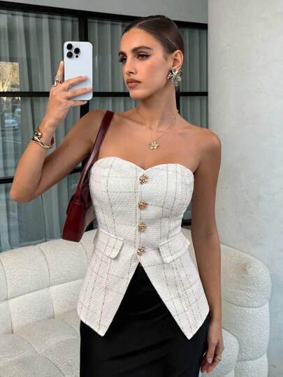 Lavishia Elegant Plaid Front Button Camisole Shirt, Suitable For Commuting