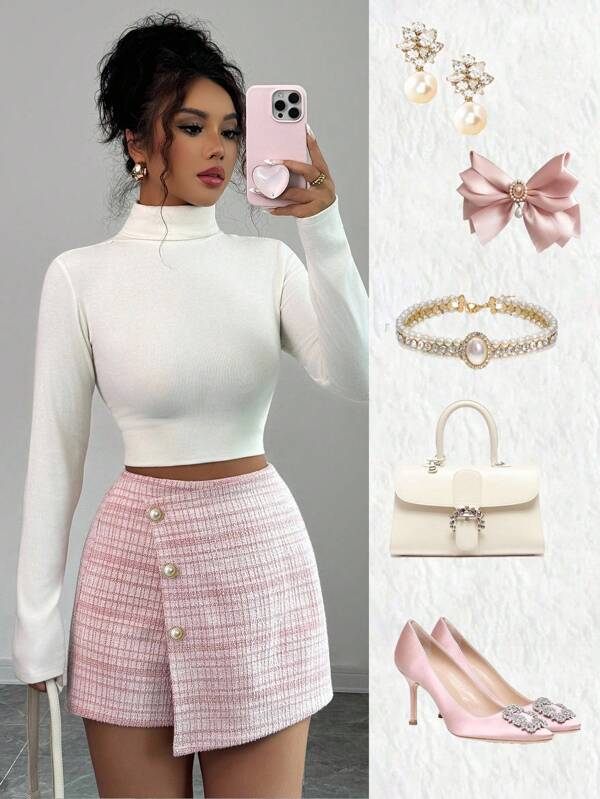 Elenzga Nuovi pantaloncini/gonne corti rosa flared di design asimmetrico in vita alta, eleganti e versatili, adatti per primavera/estate