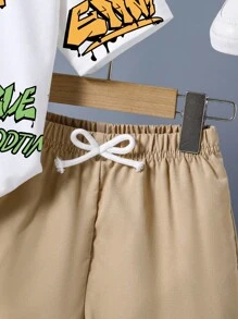 2pcs Toddler Boys' Letter Graffiti Print Round Neck Short Sleeve White T-Shirt And Khaki Woven Shorts Street Fashion Set, Summer, School, Campus, College - Khaki - View 5
