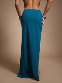 Hauture Falda maxi con abertura alta y flor dorada para fiesta de verano sexy - Azul - Ver 3