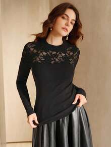 Anewsta Suéter elegante y delgado de mujer con cuello alto, parches de encaje y calado - Negro - Ver 6