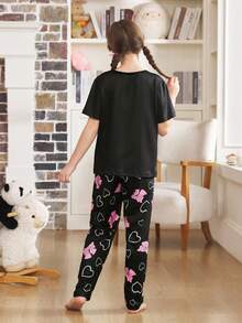 可爱珍珠心形蝴蝶结印花女童睡衣 - 黑色 - 查看 2