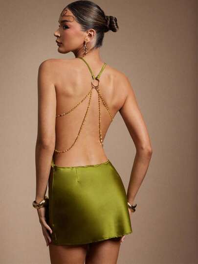 Hauture 女式简约纯色吊带缎面迷你连衣裙，时尚细节