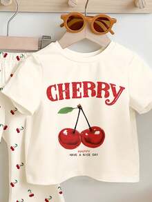 SHEIN 奶油白色，复古可爱甜美迷你樱桃图案，女婴休闲简约短袖圆领T恤和喇叭裤套装，适合秋季 - 彩色 - 查看 3