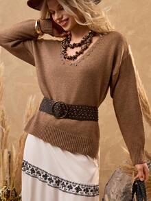 Bóhologie 女式柔软针织 V 领毛衣，带闪亮水钻细节 - 驼棕色、套头衫、毛衣、冬装、秋季、秋装、上衣 - 摩卡棕 - 查看 3