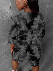 Slaydiva Bộ đồ 2 món họa tiết nhuộm loang màu xám đậm đơn giản, thường ngày, cỡ lớn, thích hợp cho mùa hè - Màu xám đen - Xem 3