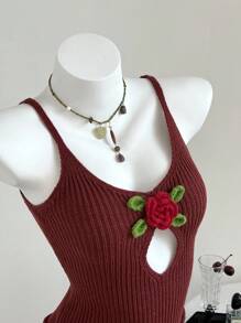 Elamini Women's Solid Color Applique Hollow Out Fitted Fashionable Camisole Sweater Knit Pullover Fall Winter