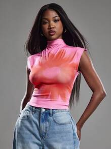 NYA SZN 短袖高领短款花朵细节休闲日常早午餐上衣 女士春夏上衣 - 玫紅色 - 查看 1