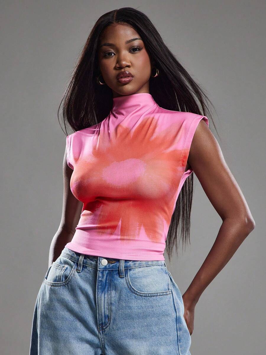 NYA SZN 短袖高领短款花朵细节休闲日常早午餐上衣 女士春夏上衣 - 玫紅色 - 查看 1