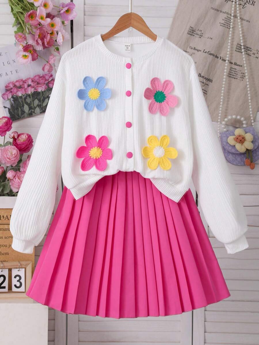 Sparklyn 2pcs Set Teenage Girls Dopamine-Inspired Floral Print Cardigan Sweater And Solid Pleated Skirt, Vibrant Spring Outfit Fall Winter