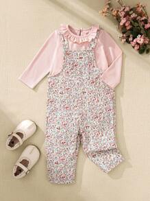 Souflis Souflis 2 件套幼儿女童复古花卉灯芯绒吊带裤 + 提花针织长袖 T 恤套装，适合日常穿着、家庭聚会的休闲装 - 珊瑚粉 - 查看 4