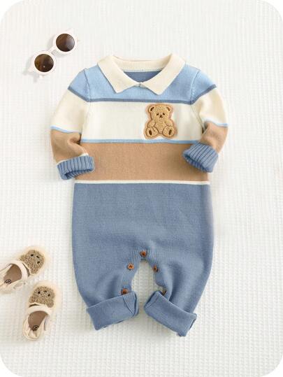 SHEIN 新生男童/女童可爱拼色卡通图案高领长袖连体衣，秋冬